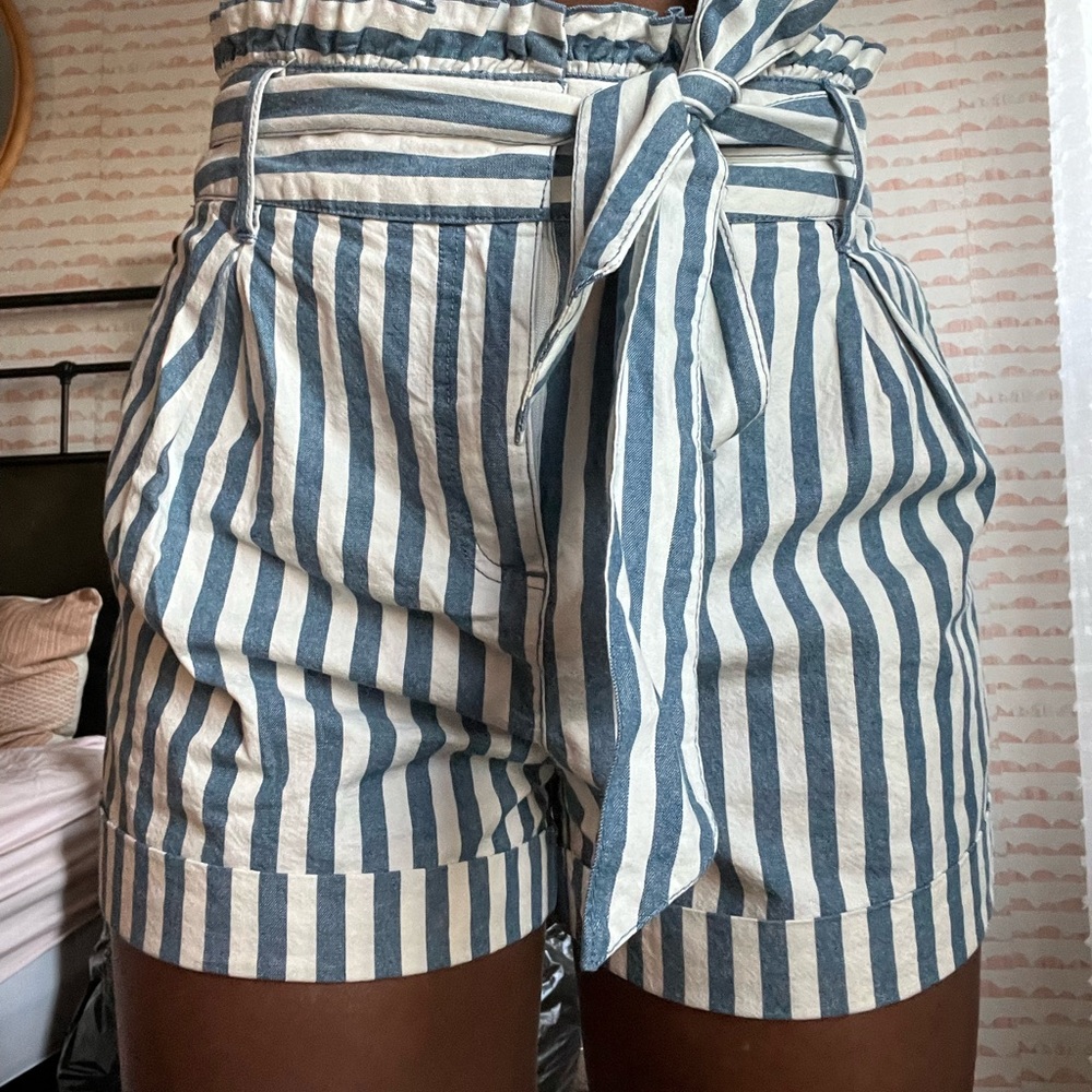 Striped Paperbag Denim Shorts